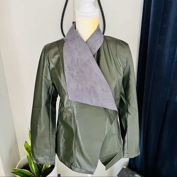Tahari Faux Leather Moto Drape Wrap Jacket, Comfy Dark‎ Green, Size Small, NWT - Picture 9 of 12
